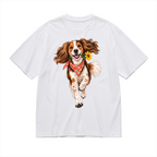 Flower-Fetch Dog Men's Graphic Cotton T-Shirt featuring a joyful flower-fetching dog in a coral polka-dot bandana