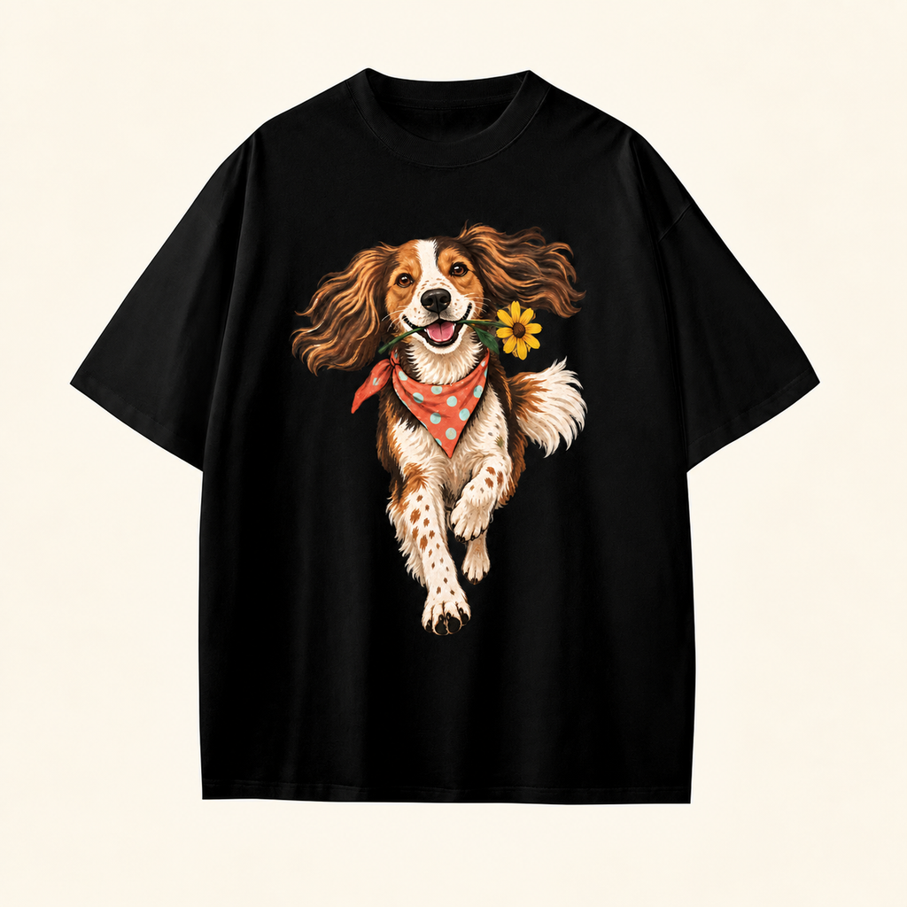 Flower-Fetch Dog Men's Graphic Cotton T-Shirt featuring a joyful flower-fetching dog in a coral polka-dot bandana, product view 2