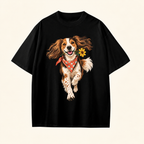Flower-Fetch Dog Men's Graphic Cotton T-Shirt featuring a joyful flower-fetching dog in a coral polka-dot bandana, product view 2