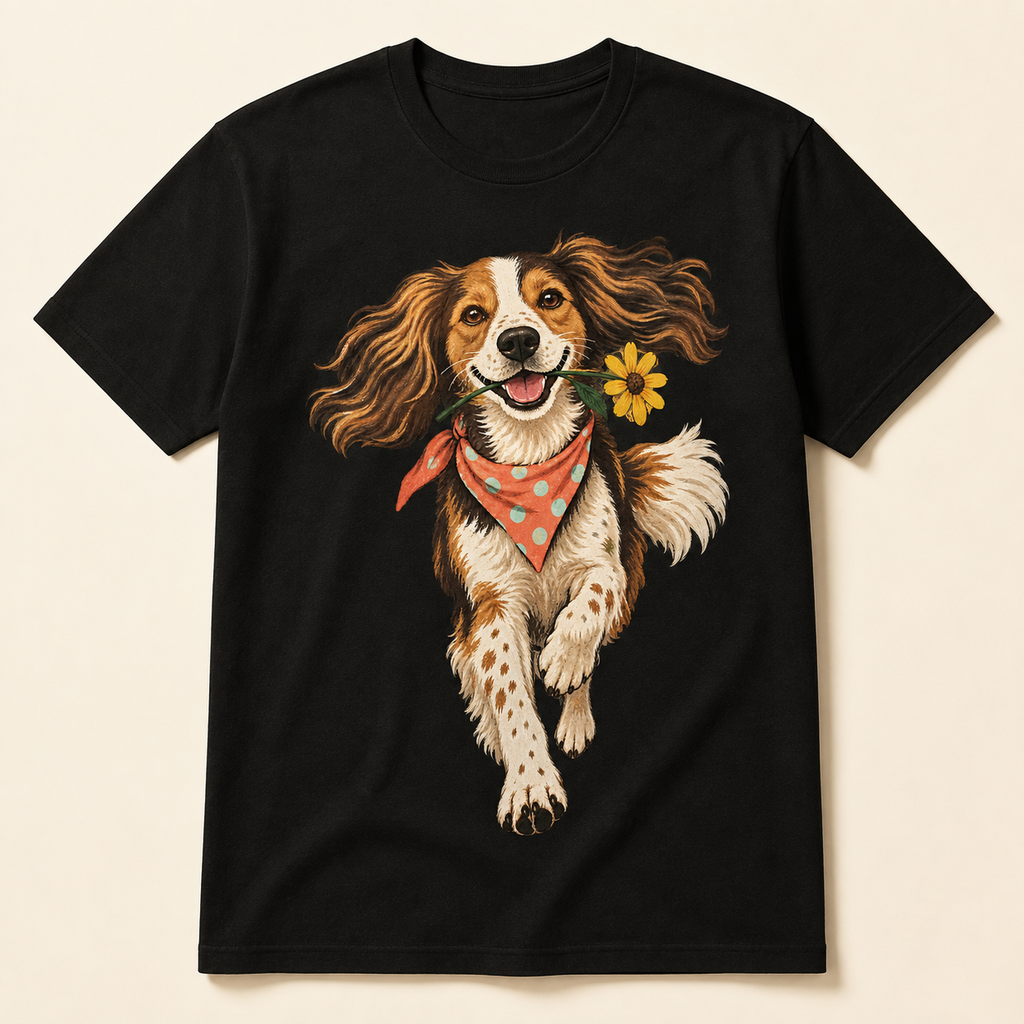Flower-Fetch Dog Men's Graphic Cotton T-Shirt featuring a joyful flower-fetching dog in a coral polka-dot bandana, product view 3