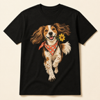 Flower-Fetch Dog Men's Graphic Cotton T-Shirt featuring a joyful flower-fetching dog in a coral polka-dot bandana, product view 3