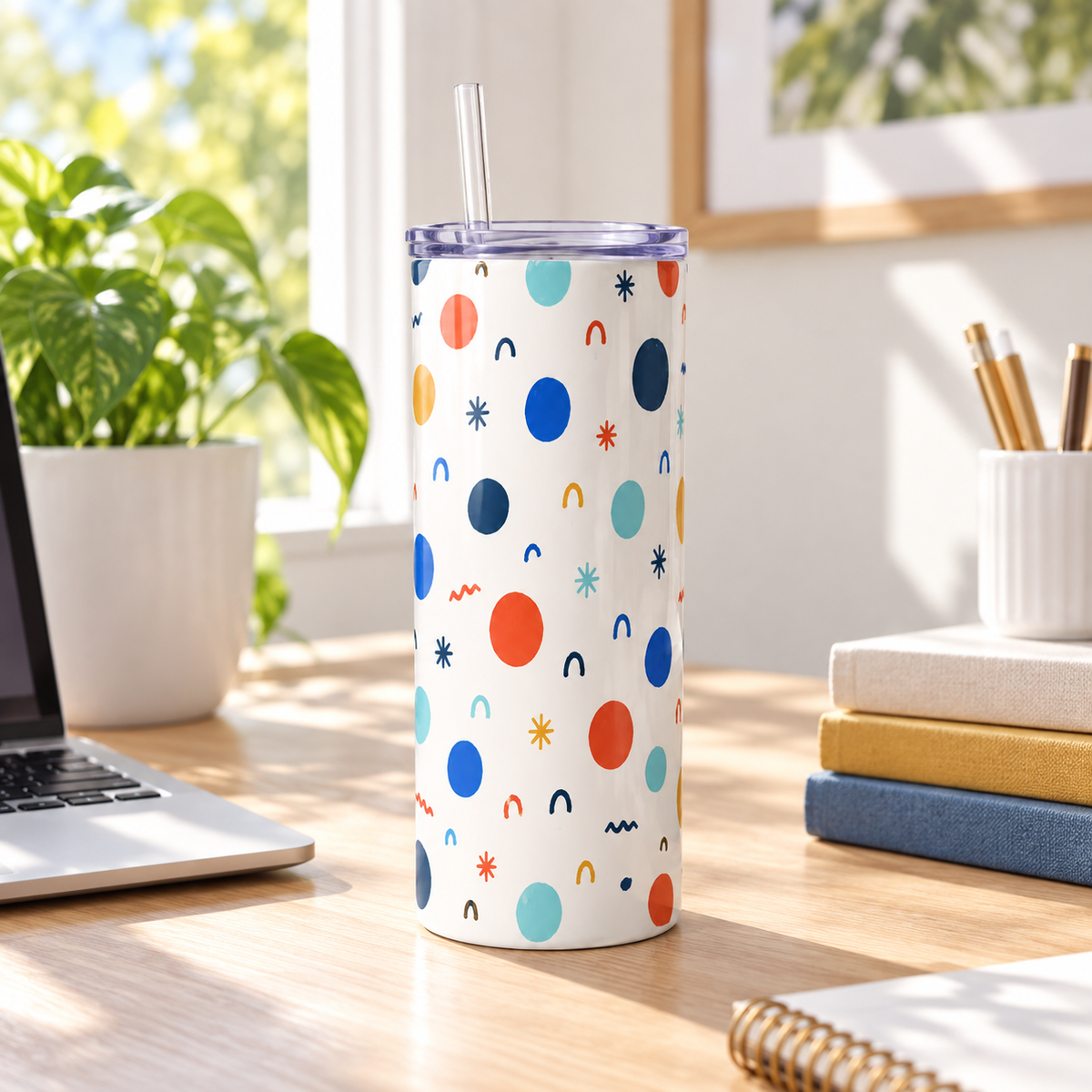 Playful Polka 20 oz straw tumbler in a sunny home office