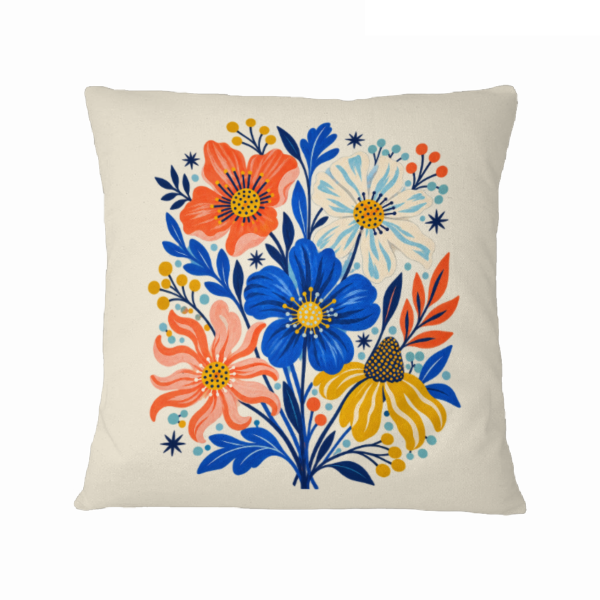 Fresh-Picked Flowers 16×16 Velvet Pillow Cover featuring a vivid hand-painted bouquet in blue, coral, and gold