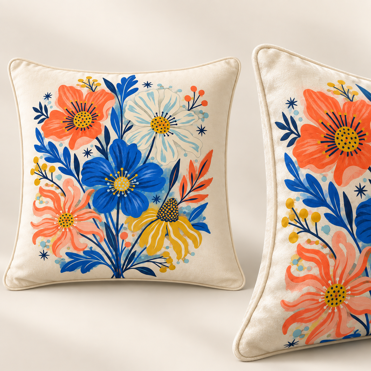Fresh-Picked Flowers 16×16 Velvet Pillow Cover featuring a vivid hand-painted bouquet in blue, coral, and gold, product view 2