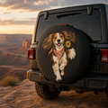 Flower-Fetch Dog Spare Tire Cover featuring a joyful flower-fetching dog in a coral polka-dot bandana
