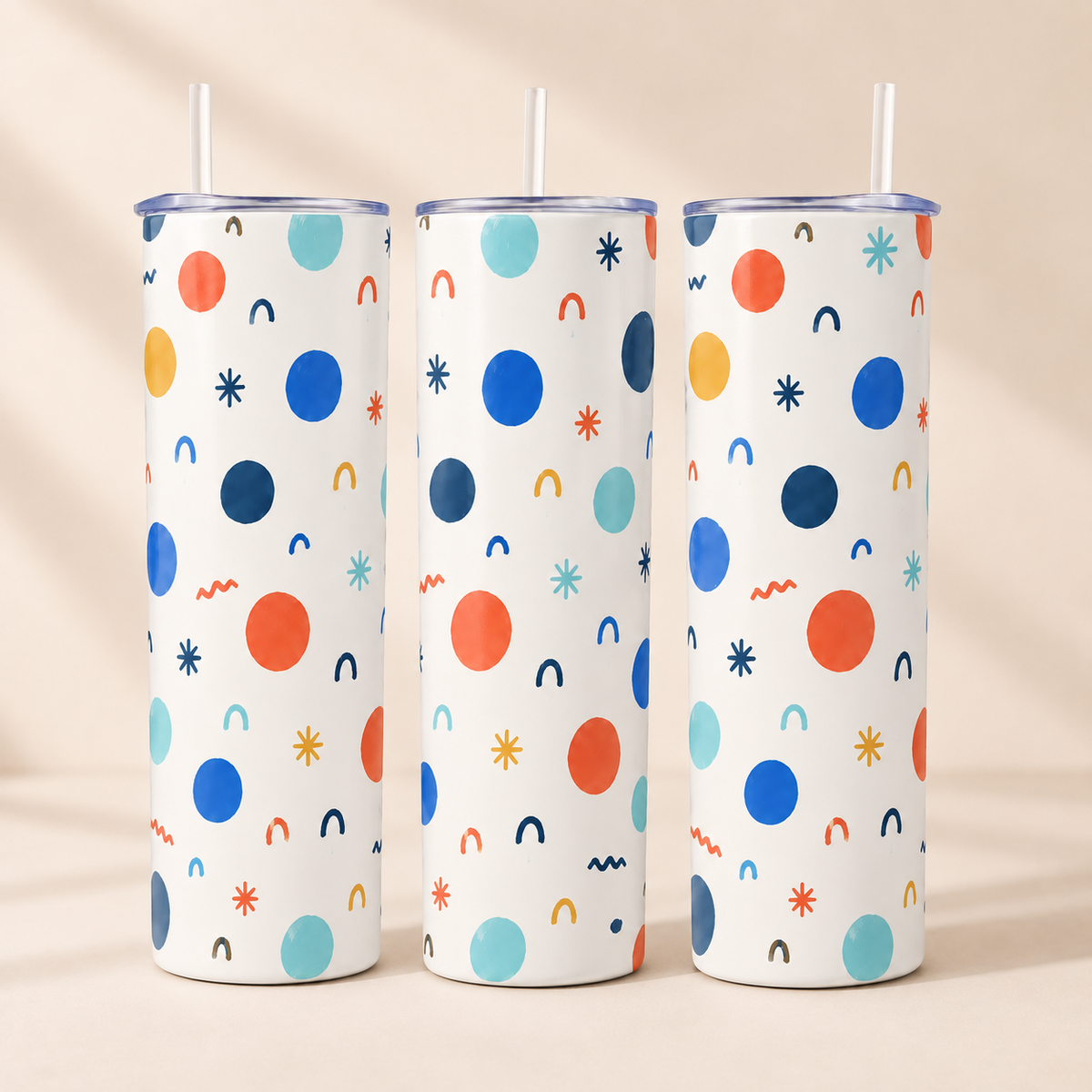 Playful Polka 20 oz Insulated Straw Tumbler featuring cheerful painted polka dots and tiny abstract marks, product view 2