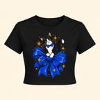 Bow-Tied Cat Women's Graphic Crop Tee featuring a playful black-and-white cat perched on an oversized blue bow, product view 2