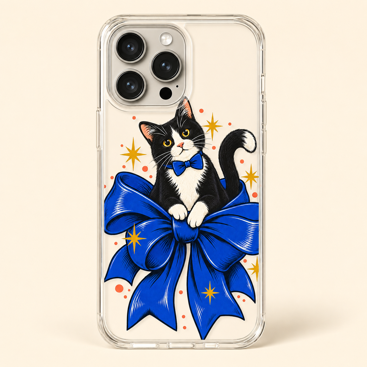 Bow-Tied Cat Clear Phone Case featuring a playful black-and-white cat perched on an oversized blue bow, product view 3