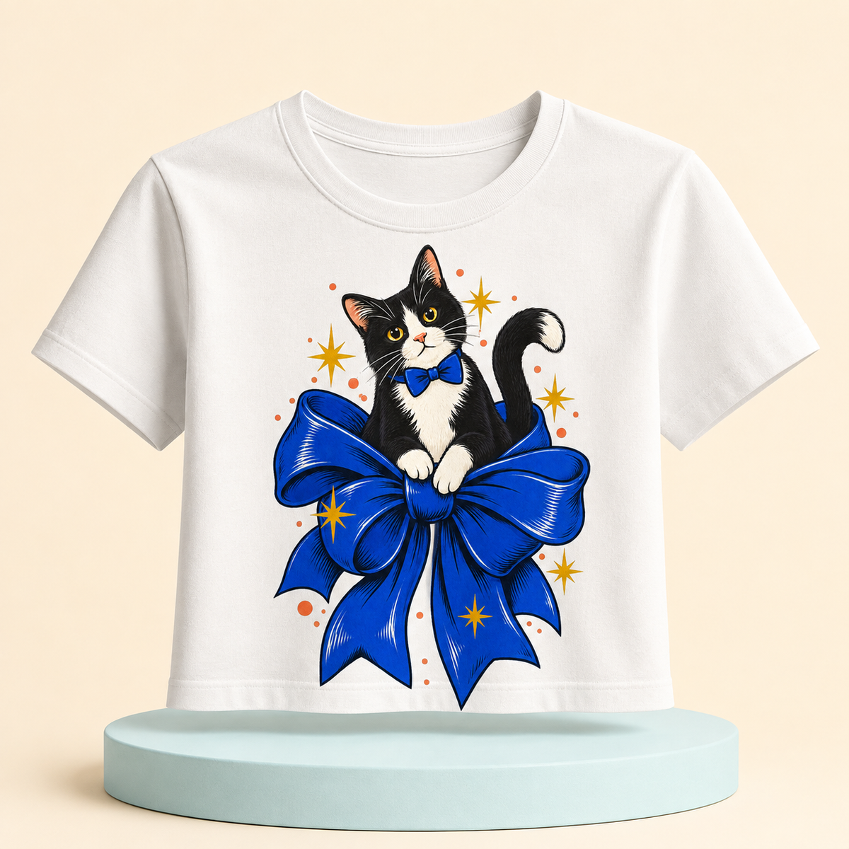 Bow-Tied Cat Women's Graphic Crop Tee featuring a playful black-and-white cat perched on an oversized blue bow, product view 3