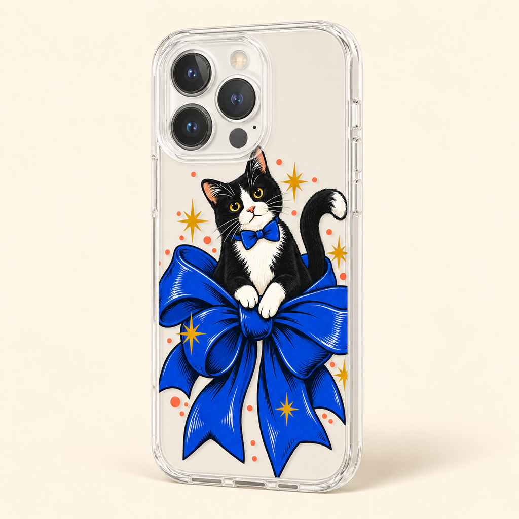Bow-Tied Cat Clear Phone Case featuring a playful black-and-white cat perched on an oversized blue bow, product view 2