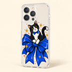 Bow-Tied Cat Clear Phone Case featuring a playful black-and-white cat perched on an oversized blue bow, product view 2