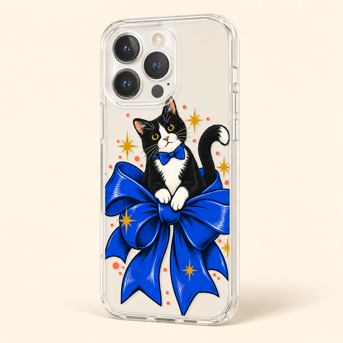 Bow-Tied Cat Clear Phone Case featuring a playful black-and-white cat perched on an oversized blue bow, product view 2