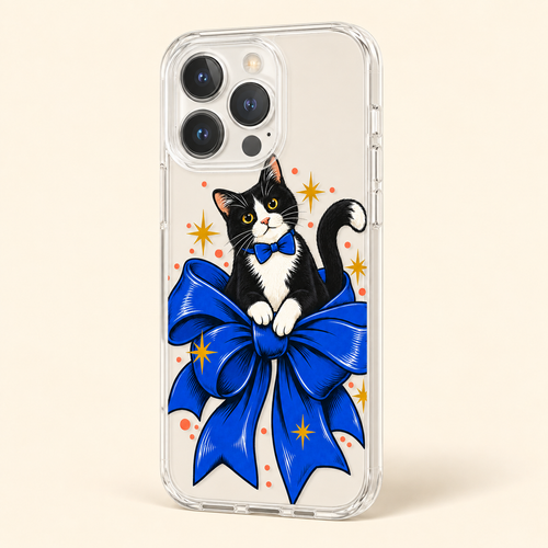 Bow-Tied Cat Clear Phone Case featuring a playful black-and-white cat perched on an oversized blue bow, product view 2