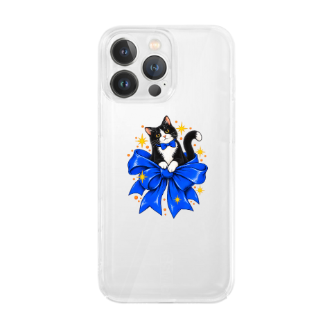 Bow-Tied Cat Clear Phone Case featuring a playful black-and-white cat perched on an oversized blue bow