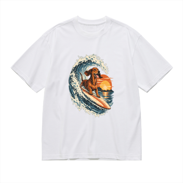 Surfing Dachshund Sunset Chase Men's Graphic Cotton T-Shirt featuring a surfing dachshund racing through a sunset wave