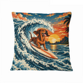 Surfing Dachshund Sunset Chase 16×16 Velvet Pillow Cover featuring a surfing dachshund racing through a sunset wave