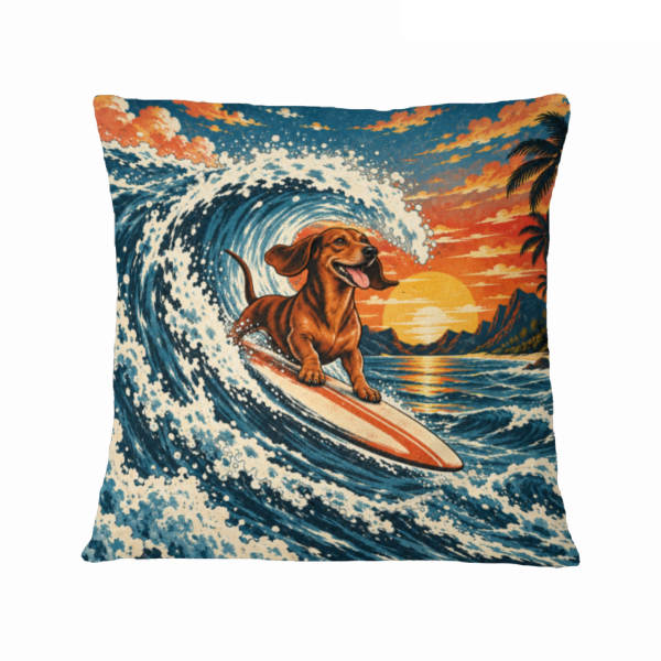 Surfing Dachshund Sunset Chase 16×16 Velvet Pillow Cover featuring a surfing dachshund racing through a sunset wave