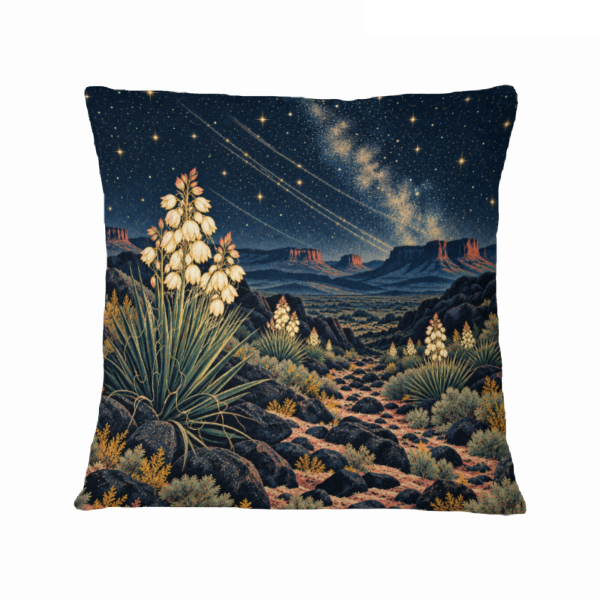 Starlit Yucca Desert 16×16 Velvet Pillow Cover featuring flowering yucca beneath a brilliant desert sky and distant mesas