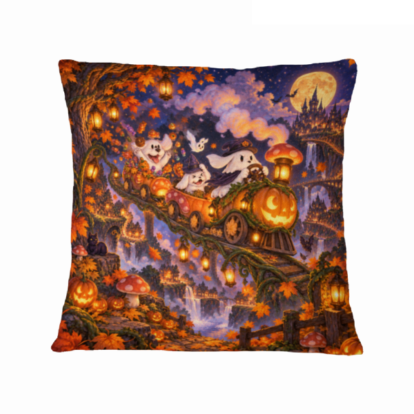 Ghost Dog Candy Night Train 16×16 Velvet Pillow Cover featuring a ghost dog riding a candy-filled night train