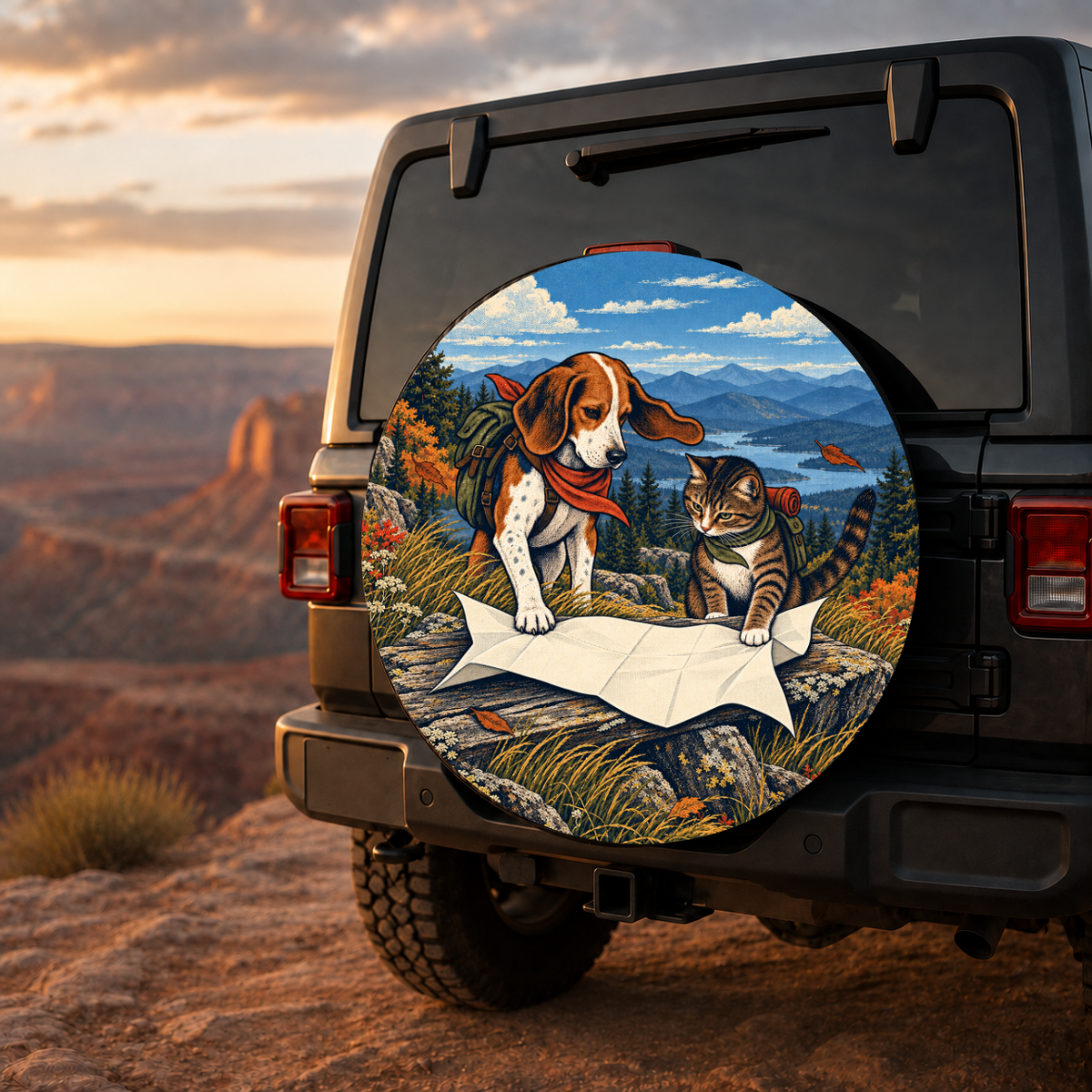 Trail Map Dog and Cat Adventure Spare Tire Cover featuring a trail-ready dog and cat studying a map above a mountain lake
