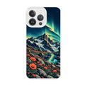 Aurora Alpine Wildflowers Clear Phone Case featuring red alpine wildflowers beneath snowy peaks and dancing aurora