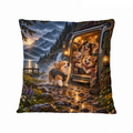 Stormy Road Trip Dog Copilot 16×16 Velvet Pillow Cover featuring a loyal dog copilot holding the last seat through a rainstorm