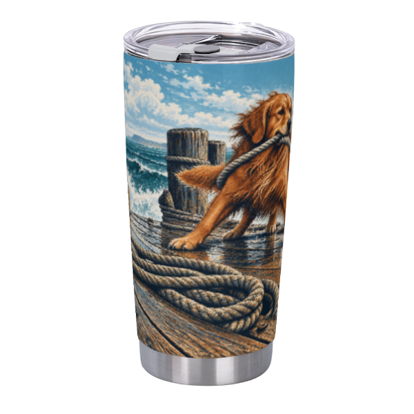Coastal Dock Dog Rescue 20 oz Insulated Straw Tumbler featuring adventure dogs gathering on a weathered dock beside a rugged coast