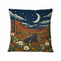 Moonlit Desert Wildflower Road 16×16 Velvet Pillow Cover featuring a moonlit desert road surrounded by wildflowers
