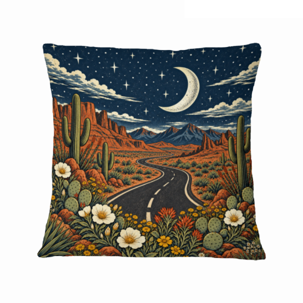 Moonlit Desert Wildflower Road 16×16 Velvet Pillow Cover featuring a moonlit desert road surrounded by wildflowers