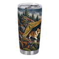Mountain Camp Dogs in Autumn 20 oz Insulated Straw Tumbler featuring three loyal dogs sharing an autumn mountain campsite