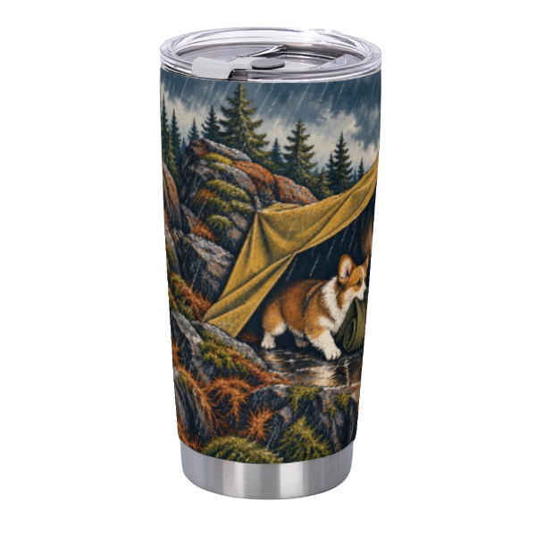 Mountain Camp Dogs in Autumn 20 oz Insulated Straw Tumbler featuring three loyal dogs sharing an autumn mountain campsite