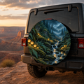 Enchanted Forest Stream Spare Tire Cover featuring glowing woodland flowers leading along a misty forest stream
