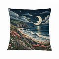 Coastal Moonlight Wildflowers 16×16 Velvet Pillow Cover featuring salt-tolerant wildflowers glowing beside a moonlit coast