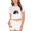 Black Cat Road Trip Navigator Women's Graphic Crop Tee featuring a black cat navigating mountain roads with a map and compass