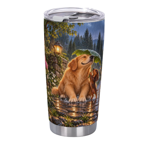 Big Dog, Small Umbrella 20 oz Insulated Straw Tumbler featuring a big dog sharing a tiny umbrella with a small friend
