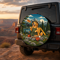 Golden Retriever Camp Breakfast Chef Spare Tire Cover featuring a golden retriever serving breakfast at a cozy campsite