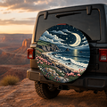 Coastal Moonlight Wildflowers Spare Tire Cover featuring salt-tolerant wildflowers glowing beside a moonlit coast