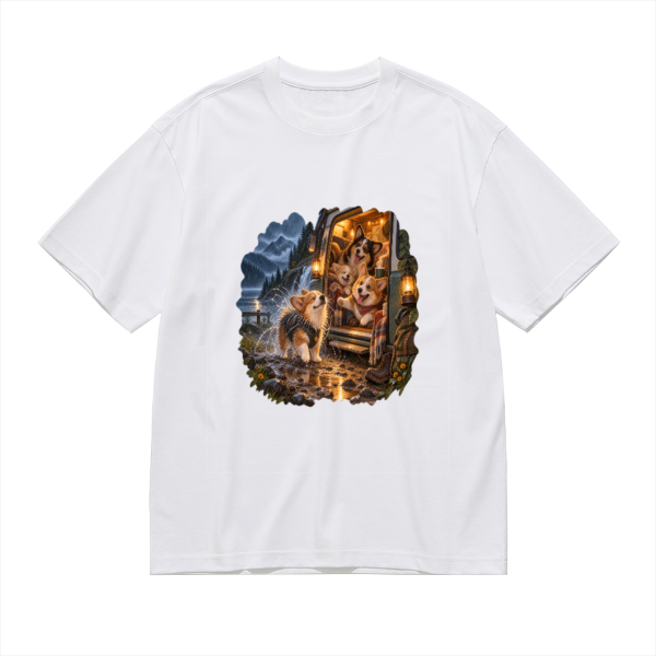 Stormy Road Trip Dog Copilot Men's Graphic Cotton T-Shirt featuring a loyal dog copilot holding the last seat through a rainstorm