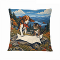 Trail Map Dog and Cat Adventure 16×16 Velvet Pillow Cover featuring a trail-ready dog and cat studying a map above a mountain lake