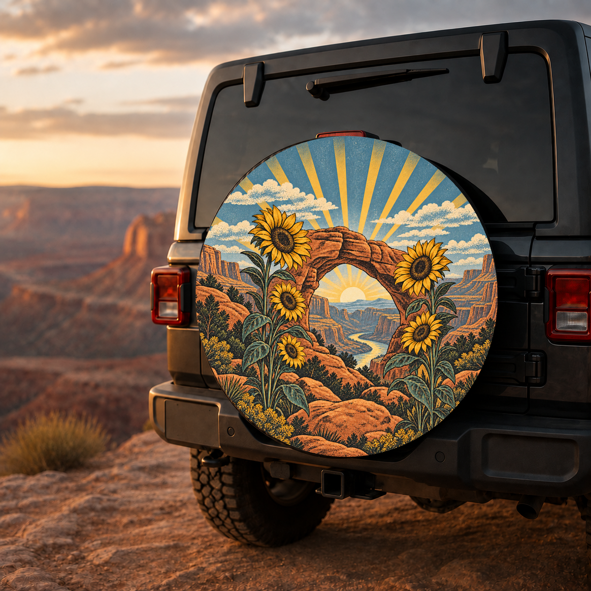Sunflower Canyon Sunrise Arch Spare Tire Cover featuring sunflowers framing a canyon sunrise arch