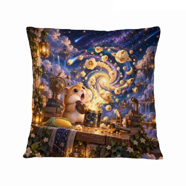 Hamster's Popcorn Universe 16×16 Velvet Pillow Cover featuring a surprised hamster caught in a playful popcorn universe