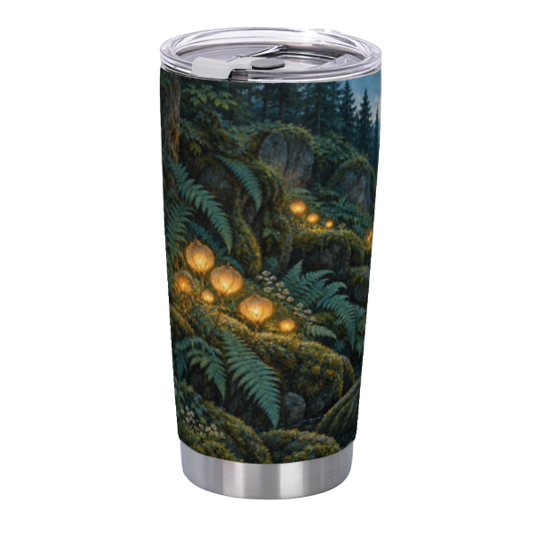 Enchanted Forest Stream 20 oz Insulated Straw Tumbler featuring glowing woodland flowers leading along a misty forest stream