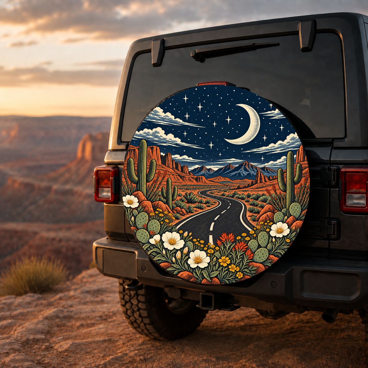 Moonlit Desert Wildflower Road Spare Tire Cover
