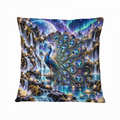 Peacock Aurora Sea 16×16 Velvet Pillow Cover featuring peacock feathers flowing into an aurora-lit sea