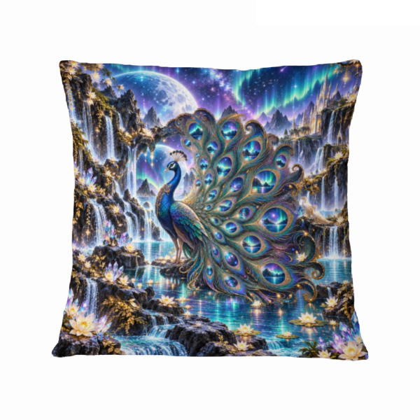 Peacock Aurora Sea 16×16 Velvet Pillow Cover featuring peacock feathers flowing into an aurora-lit sea