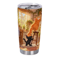 Cats' Breakfast Rescue 20 oz Insulated Straw Tumbler featuring two cats teaming up to rescue a breakfast mishap