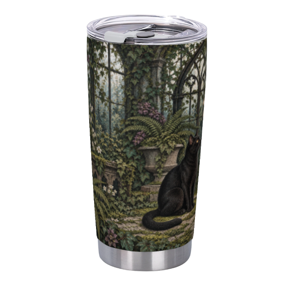 Moonlit Conservatory Cat 20 oz Insulated Straw Tumbler featuring a black cat exploring a shadowy glass conservatory filled with ferns