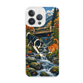 Creekside Dog and Cat Crossing Clear Phone Case featuring a dog and cat exploring a lively woodland creek in autumn