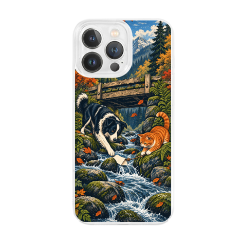 Creekside Dog and Cat Crossing Clear Phone Case featuring a dog and cat exploring a lively woodland creek in autumn