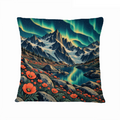 Aurora Alpine Wildflowers 16×16 Velvet Pillow Cover featuring red alpine wildflowers beneath snowy peaks and dancing aurora